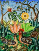 Adam Leontus (1928-1986), chicken and other birds in a fantastical landscape with exotic flowers,