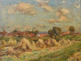 Paul Paul (1865-1937), hay stooks with farm buildings beyond, oil on board, signed, 9" x 12" (23 x