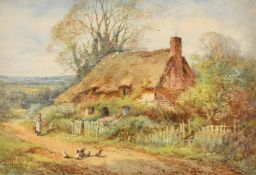 H.J. Sylvester Stannard (1870-1951) British, A thatched country cottage with a young girl on a