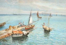 Giovanni Melini, 'Preparing for the days fishing', watercolour/gouache, signed, 12.5" x 19.5", (