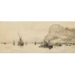 William Lionel Wyllie (1851-1931) British, Gibraltar, shipping off the coast, etching, signed in