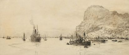 William Lionel Wyllie (1851-1931) British, Gibraltar, shipping off the coast, etching, signed in