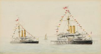 Harold Wyllie (1880-1973), HMS Benbow and HMS Howe at Spithead, watercolour, initialled, 4.5" x 8.