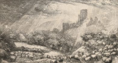John Charles Robinson (1824-1913) British, 'Corfe Castle, Effect of Sunshine After Rain, etching,