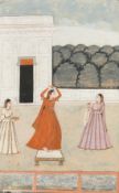 Indian School (19th Century), A lady dancing on a low table with two female attendants, gouache,