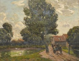 Paul Paul (1865-1937), horse and cart by a pond with ducks, oil on canvas, 14" x 18" (36 x 46cm),