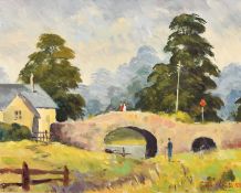 Frederick Johnston (20th Century) Figures on a hump back stone bridge over a river, oil on canvas,