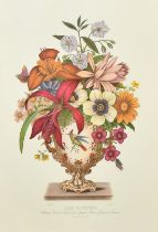 A well framed decorative print of flowers in a Sevres vase, 18.75" x 13.25", (47.5x33.5cm).