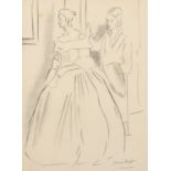 Attributed to Laura Knight (1977-1970), an elegantly dressed lady with her maid, charcoal, signed,