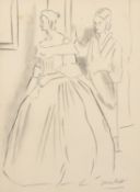 Attributed to Laura Knight (1977-1970), an elegantly dressed lady with her maid, charcoal, signed,