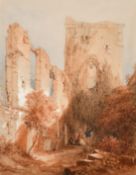 Edwin Van Fuidge (1814-1891), Portchester Castle ruins with figures resting, watercolour,