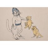 After Louis Wain, a hand-coloured print of three cats, 5.25" x 7.5" (13 x 19cm), (unframed).