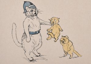 After Louis Wain, a hand-coloured print of three cats, 5.25" x 7.5" (13 x 19cm), (unframed).
