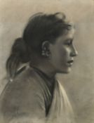 Circa 1900. A lovely head study of a young woman, charcoal with white heightening, indistinctly