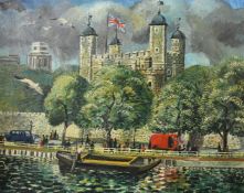 Spencer, Modern British, A view of The Tower of London and the Thames, oil on canvas, signed, 24"