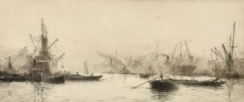 William Lionel Wyllie (1851-1931) British, barges and shipping in a London dock, etching, signed