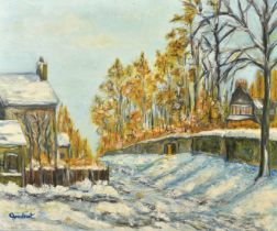 Gondret (20th Century), 'Neige Bleue Surle Chemin', a Winter scene of houses either side of a lane