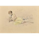 French School, Circa 1900, a recumbent male youth playing a flute, watercolour, indistinctly signed,