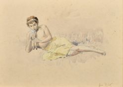 French School, Circa 1900, a recumbent male youth playing a flute, watercolour, indistinctly signed,