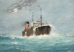 J. Millington (1891-1948), 'The Midnight Watch', a tanker in choppy seas, watercolour, signed, 14.