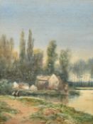 C. Salianti, Figures beside a river with buildings on the opposite bank and trees beyond,