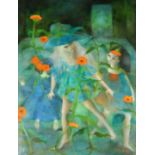 Nelly Gall / Gael (20th Century), three female figures dancing in a fantastical garden, 39.5" x 28.