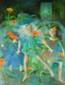 Nelly Gall / Gael (20th Century), three female figures dancing in a fantastical garden, 39.5" x 28.