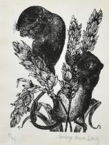 Leslie Anne Ivory, Harvest mice nibbling corn, wood engraving, signed and numbered 11/75 in