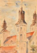 Continental School, Circa 1951, a study of church towers, watercolour, signed with initials and