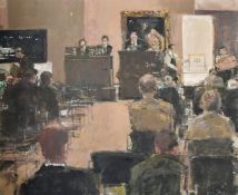 Tom Coates (b. 1941) British, 'Sotheby's', Interior scene of seated figures attending an auction