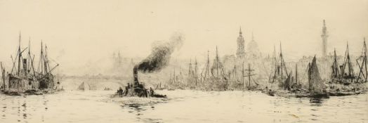 William Lionel Wyllie (1851-1931) British, barges on the River Thames, etching signed in pencil,