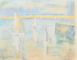 Terrick John Williams (1860-1936) British, a scene of boats entering a harbour, pastel, signed, 9" x