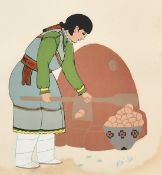 Percy Tsisete Sandy, A native American lady baking potatoes, gouache, signed 'Kai-Sa', 5.5" x 5", (