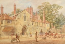 G.R. Clarke, A busy town street scene with figures, a horse and cart and a herdsman moving cattle