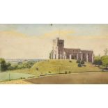 Circle of Leonard Russell Squirrell, a view of a church in an open landscape, watercolour, 6.25" x