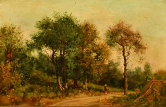 M. A (19th Century), A woman on a path holding a basket in a landscape with trees, oil on canvas,