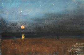 John Doyle, 'Moonrise over a shingle beach', watercolour and pastel, signed, bankside exhibition