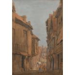 Attributed to Samuel Prout (1783-1852), 'Rouen' figures in a street, watercolour, 12.5" x 8.25" (