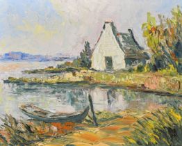 20th Century, a moored boat and house by a river, oil on board, 12.5" x 16", (32x40.5cm).