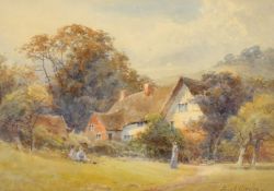 Frank Gresley (1855-1936) British, Figures resting in an orchard by a cottage, watercolour,