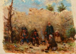 19th Century, A group of elderly figures in a landscape gathered round an open fire, oil,