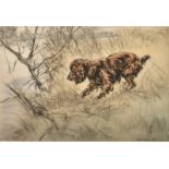 Henry Wilkinson, A Spaniel on a riverbank, coloured etching, signed and numbered 35/150 in pencil,