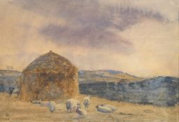 Daniel Alexander Williamson (1823-1903) British, Sheep and a cow by hayricks, watercolour,