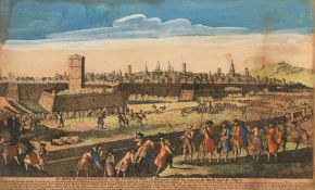 Robert Sayer, Three 18th Century hand coloured engravings of battle scenes in period carved