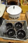 Various enamel ware to include a bread bin.