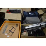 A quantity of camera equipment to include a tripod, camera bags, dark room equipment etc.