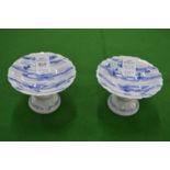 A pair of Japanese blue and white pedestal dishes.