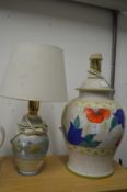 Two colourful pottery lamp bases.