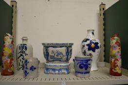 Chinese blue and white jardiniere and stand and other items.