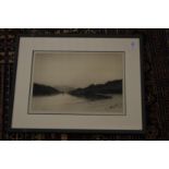 Richard Smythe, Lake scene with mountains, etching together with a similar etching by Bernard Eyre-